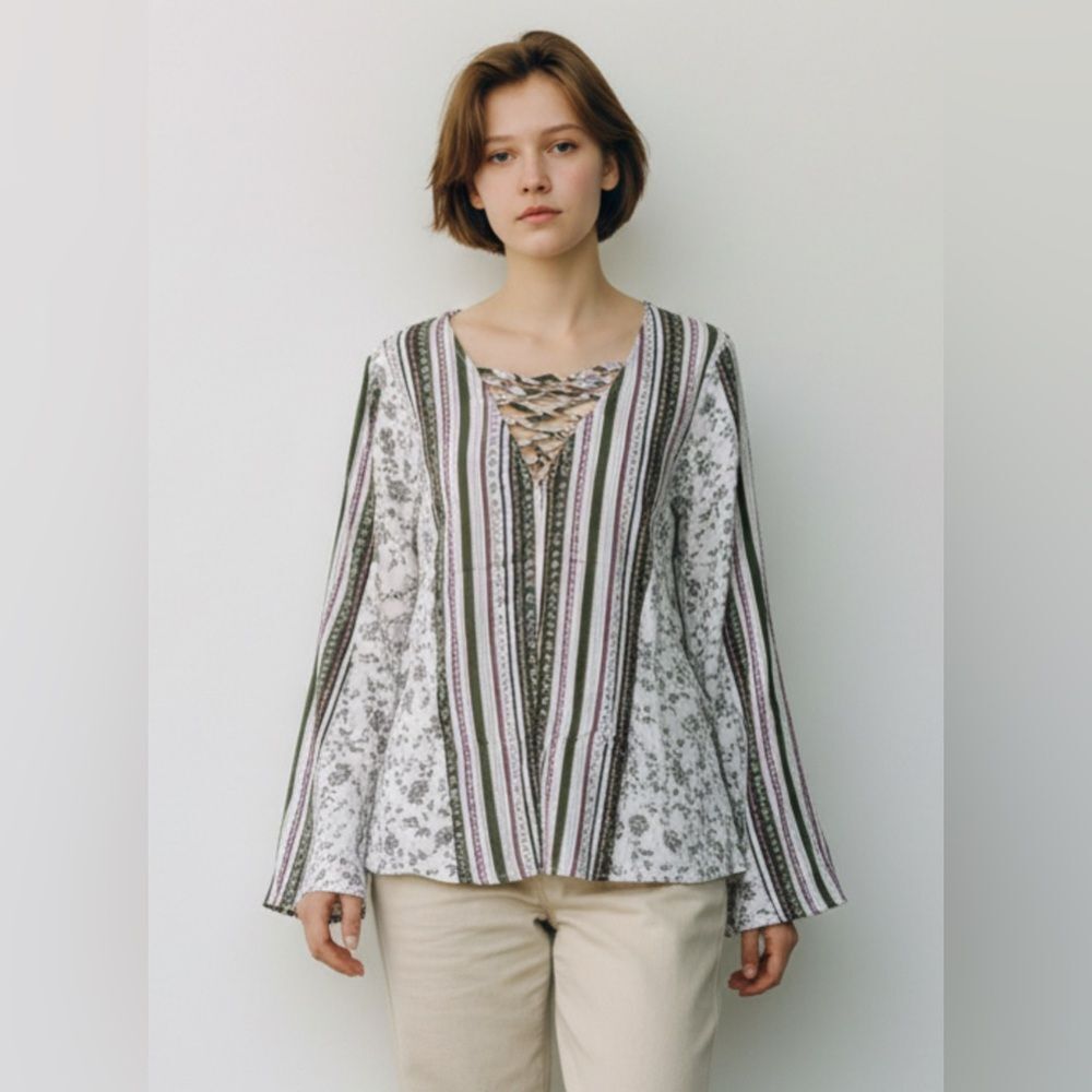 Entro - Floral Stripe Bell Sleeve V Neck Blouse Size M